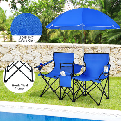 Portable Folding Picnic Double Chair with Umbrella, Blue Camping Furniture at Gallery Canada