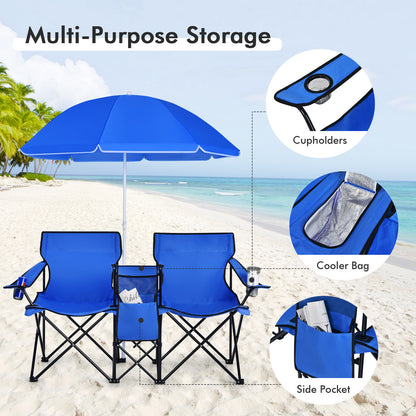 Portable Folding Picnic Double Chair with Umbrella, Blue Camping Furniture at Gallery Canada
