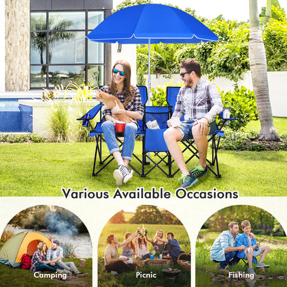 Portable Folding Picnic Double Chair with Umbrella, Blue Camping Furniture at Gallery Canada