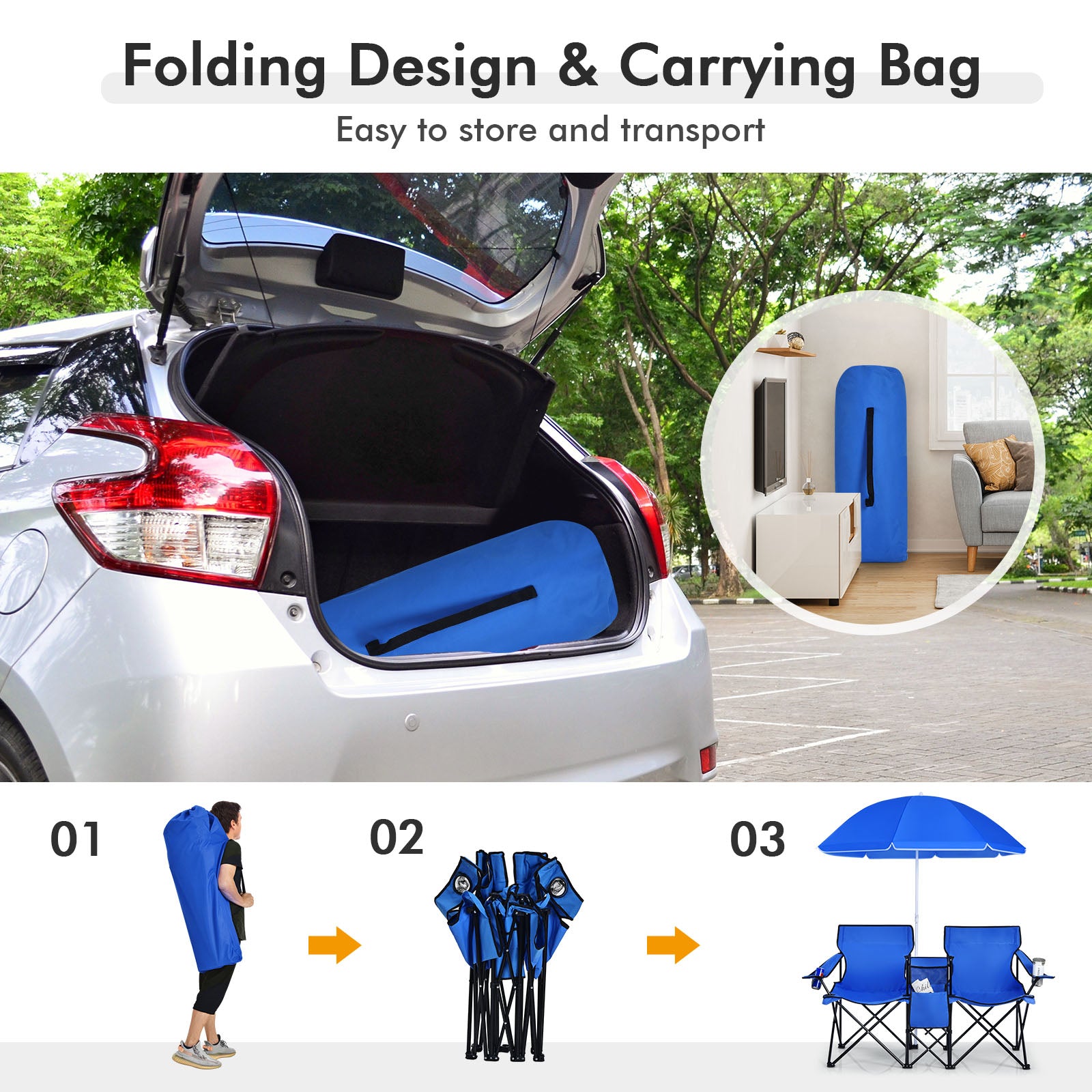 Portable Folding Picnic Double Chair with Umbrella, Blue Camping Furniture at Gallery Canada