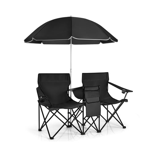 Portable Folding Picnic Double Chair With Umbrella, Black