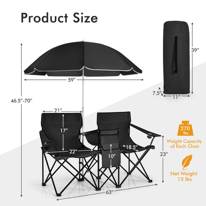 Portable Folding Picnic Double Chair With Umbrella, Black Camping Furniture at Gallery Canada