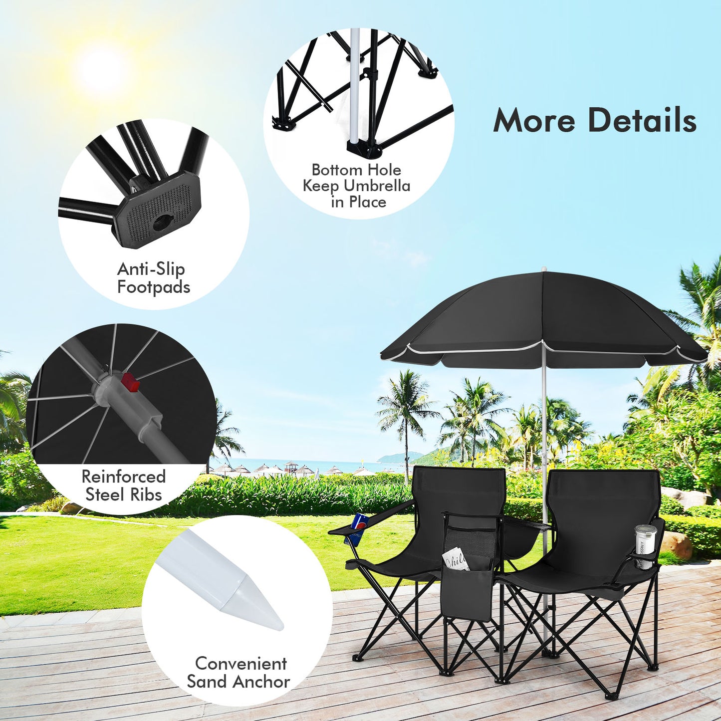 Portable Folding Picnic Double Chair With Umbrella, Black Camping Furniture at Gallery Canada