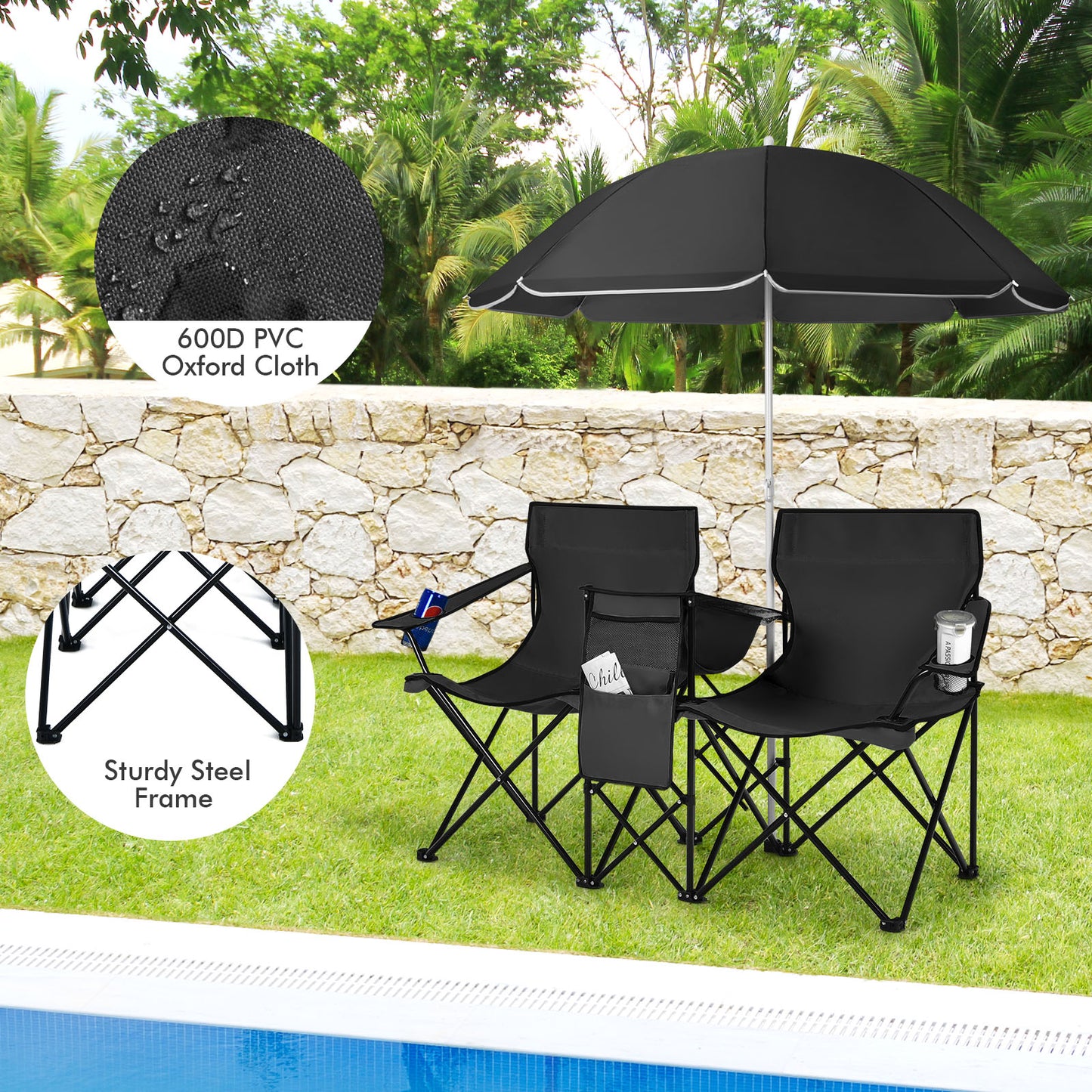 Portable Folding Picnic Double Chair With Umbrella, Black Camping Furniture at Gallery Canada