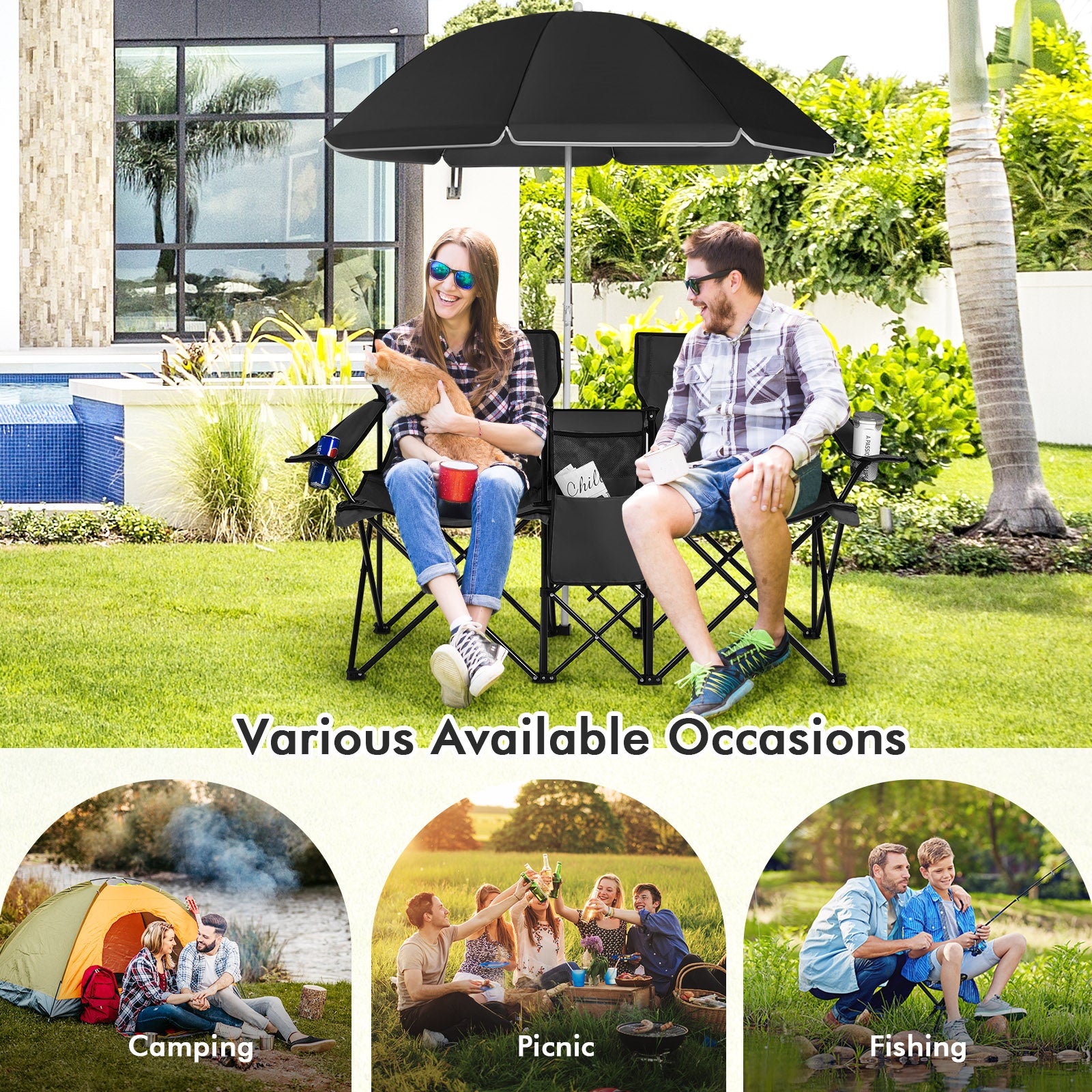 Portable Folding Picnic Double Chair With Umbrella, Black Camping Furniture at Gallery Canada