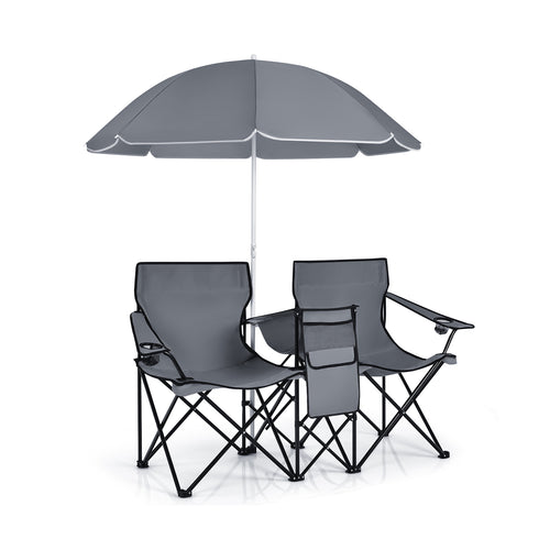 Portable Folding Picnic Double Chair With Umbrella, Gray