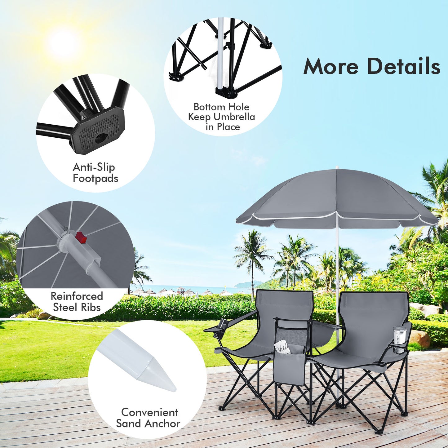 Portable Folding Picnic Double Chair With Umbrella, Gray Camping Furniture at Gallery Canada