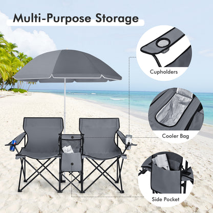 Portable Folding Picnic Double Chair With Umbrella, Gray Camping Furniture at Gallery Canada