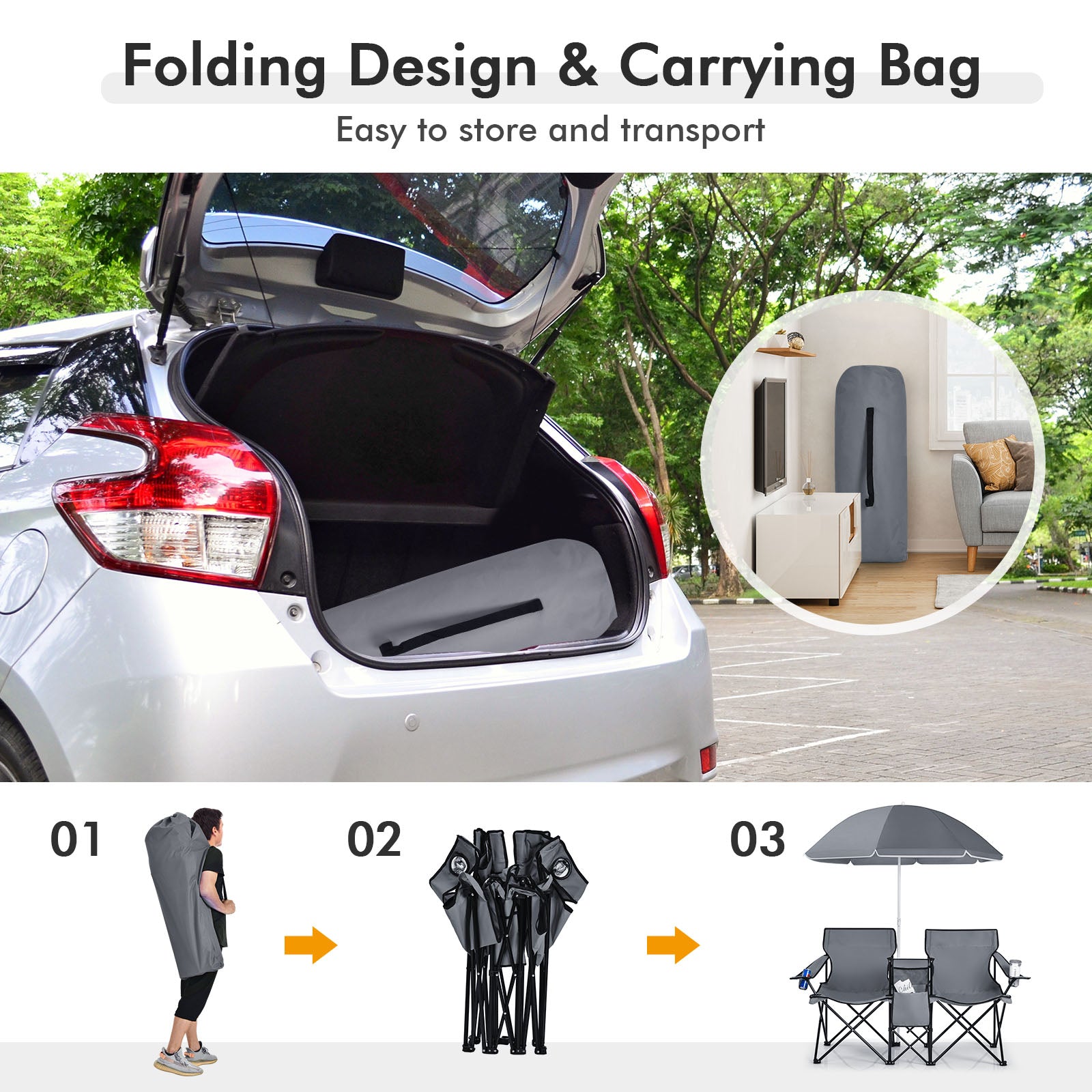 Portable Folding Picnic Double Chair With Umbrella, Gray Camping Furniture at Gallery Canada