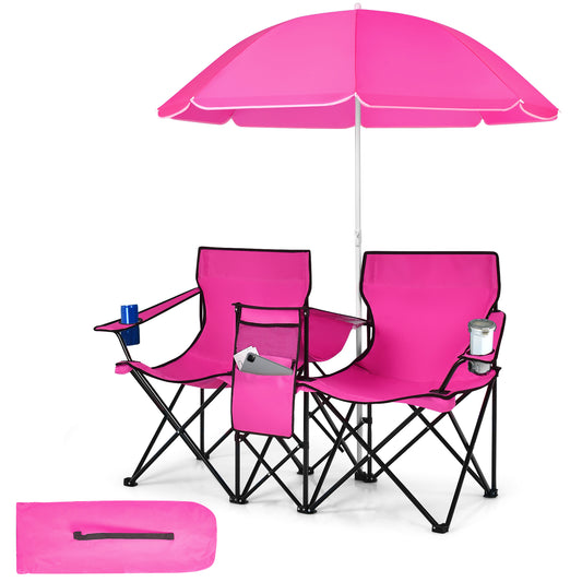 Portable Folding Picnic Double Chair, With Removable Umbrella, Pink
