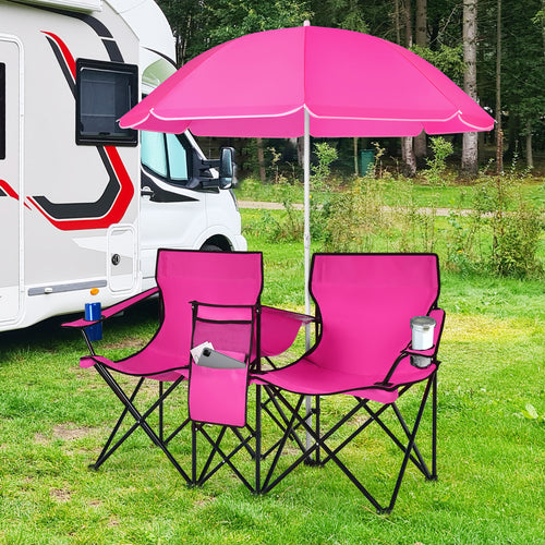 Portable Folding Picnic Double Chair, With Removable Umbrella, Pink