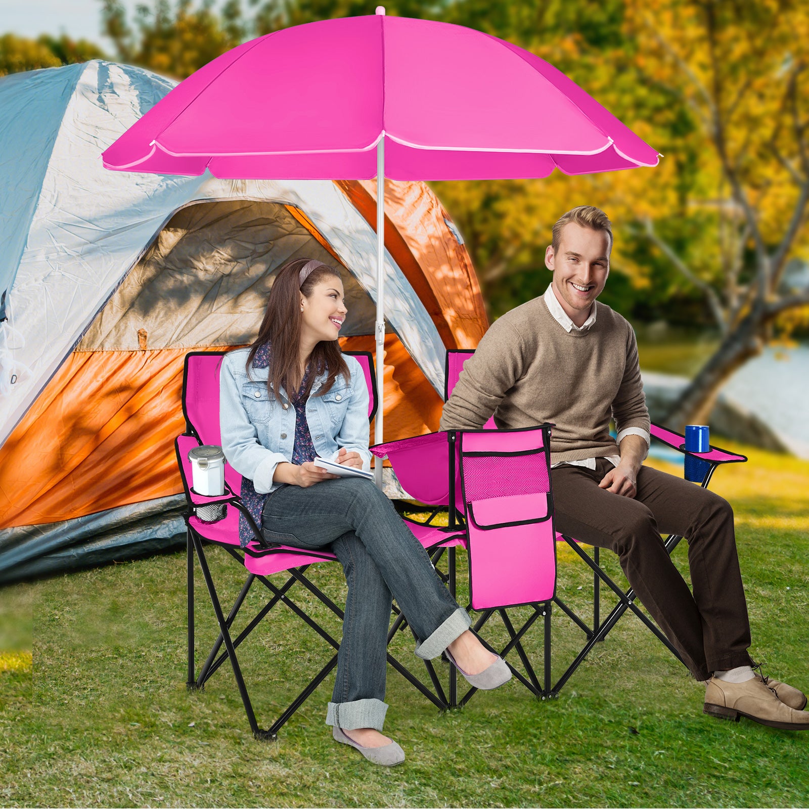 Portable Folding Picnic Double Chair, With Removable Umbrella, Pink Camping Furniture at Gallery Canada