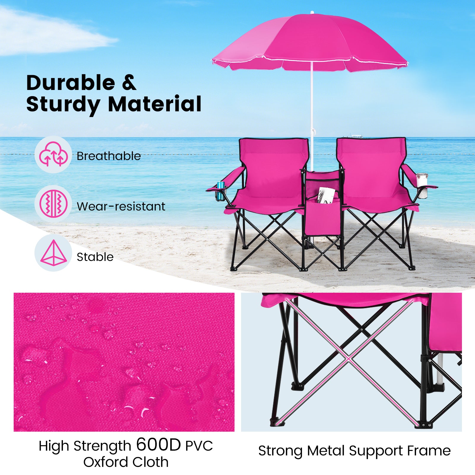Portable Folding Picnic Double Chair, With Removable Umbrella, Pink Camping Furniture at Gallery Canada