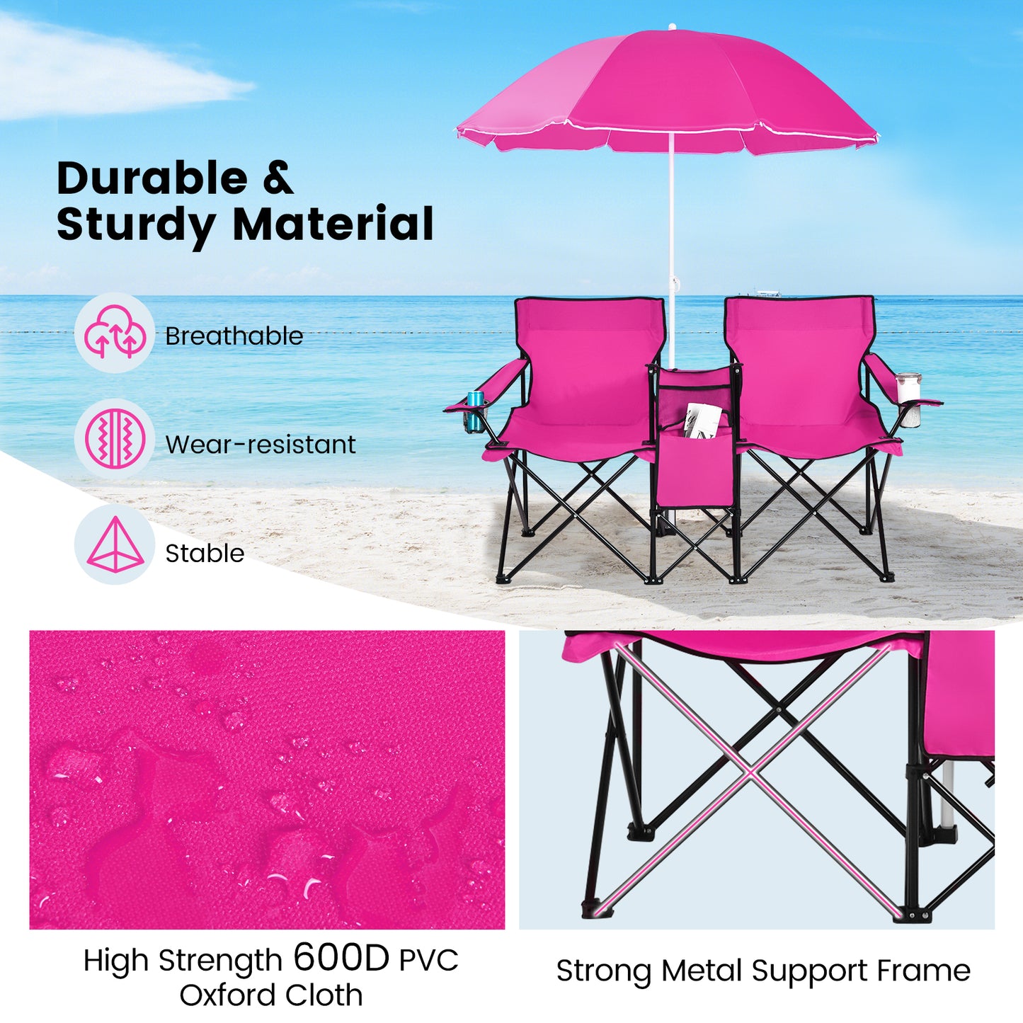 Portable Folding Picnic Double Chair, With Removable Umbrella, Pink Camping Furniture at Gallery Canada