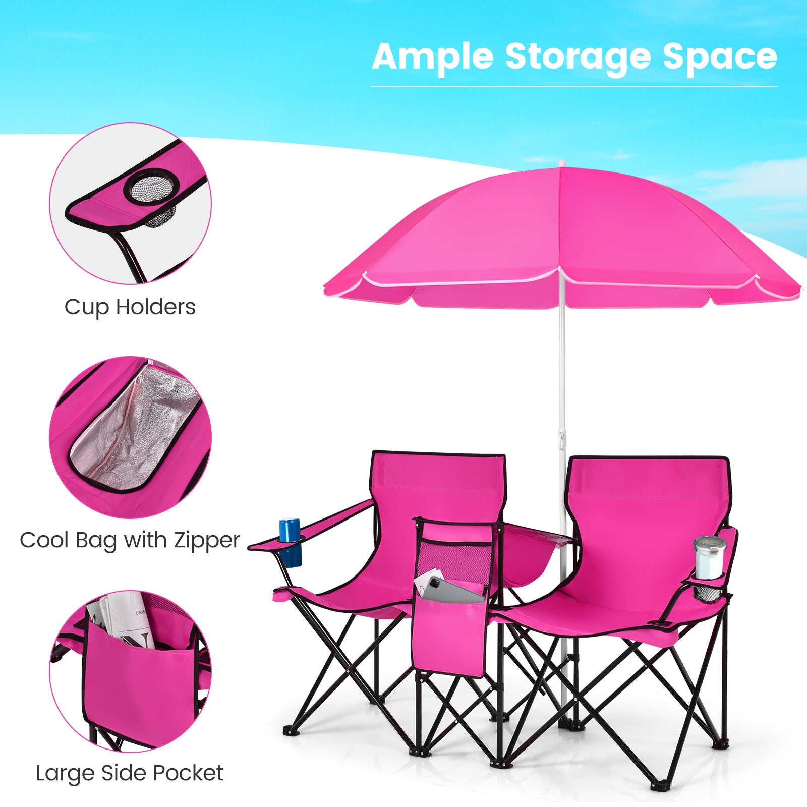 Portable Folding Picnic Double Chair, With Removable Umbrella, Pink Camping Furniture at Gallery Canada