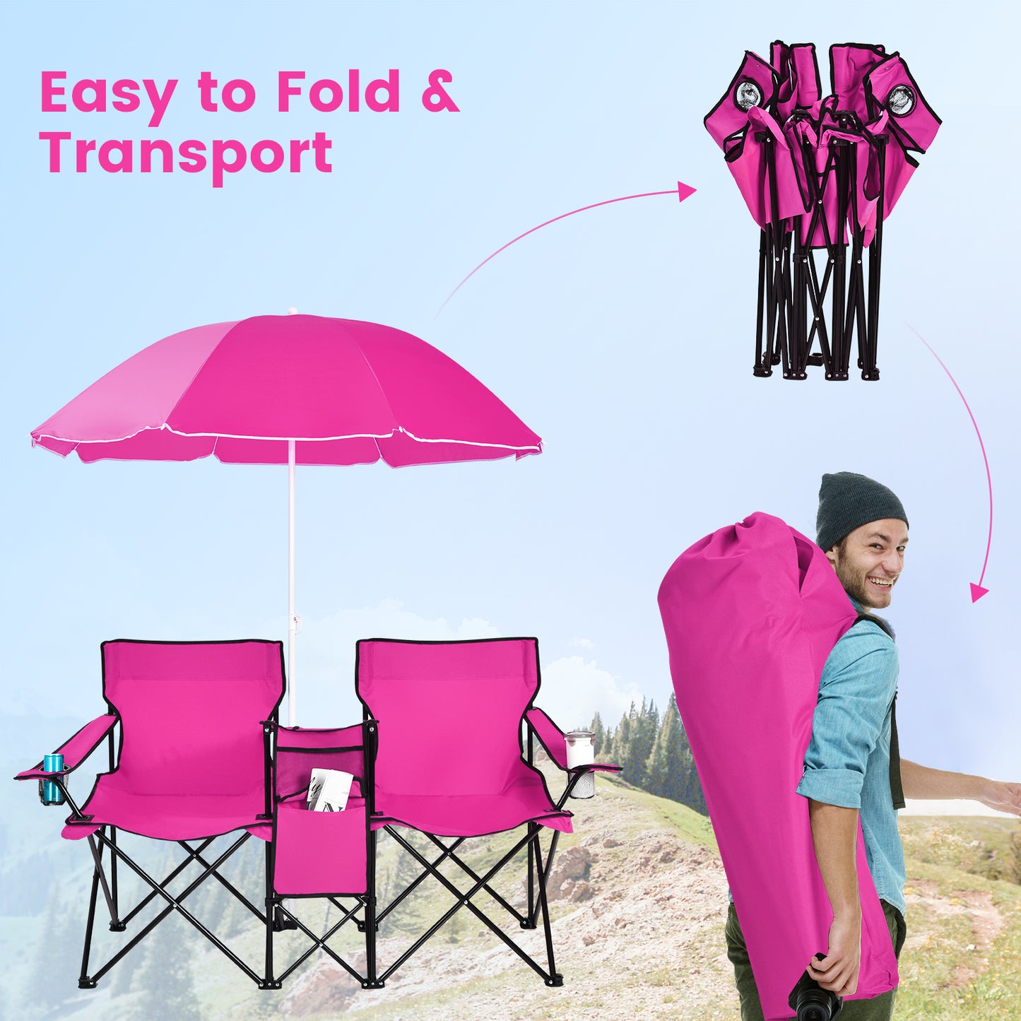 Portable Folding Picnic Double Chair, With Removable Umbrella, Pink Camping Furniture at Gallery Canada