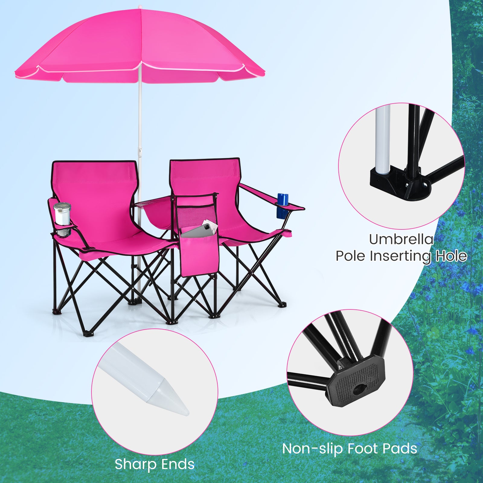 Portable Folding Picnic Double Chair, With Removable Umbrella, Pink Camping Furniture at Gallery Canada