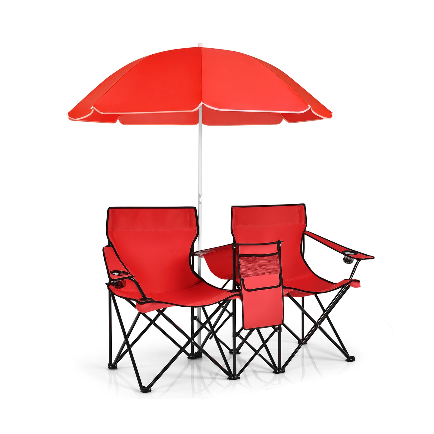 Portable Folding Picnic Double Chair With Umbrella, Red