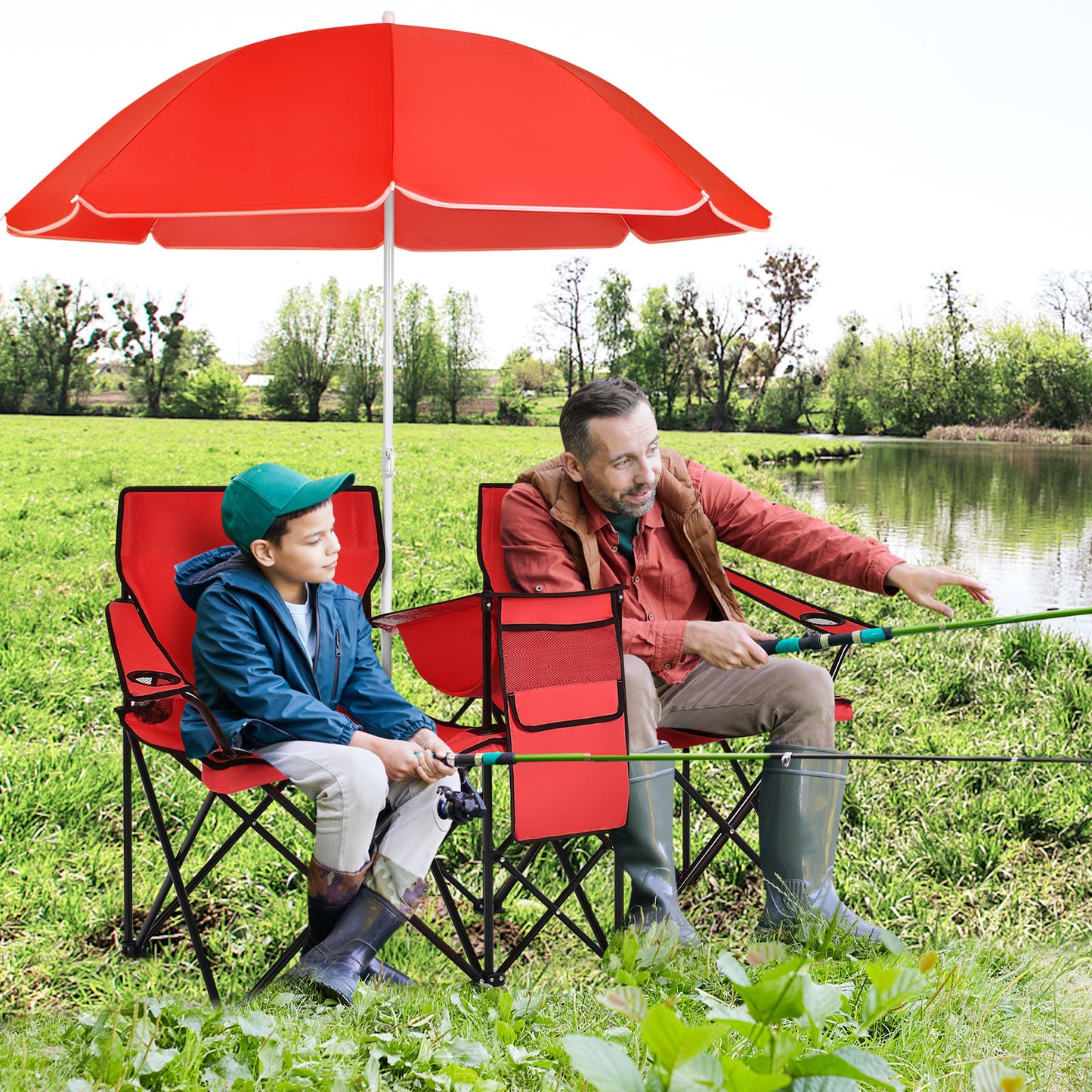 Portable Folding Picnic Double Chair With Umbrella, Red