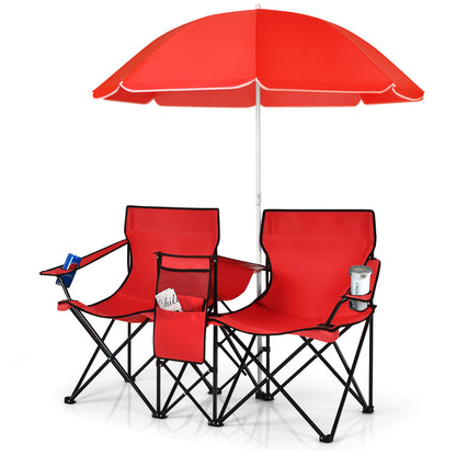 Portable Folding Picnic Double Chair With Umbrella, Red