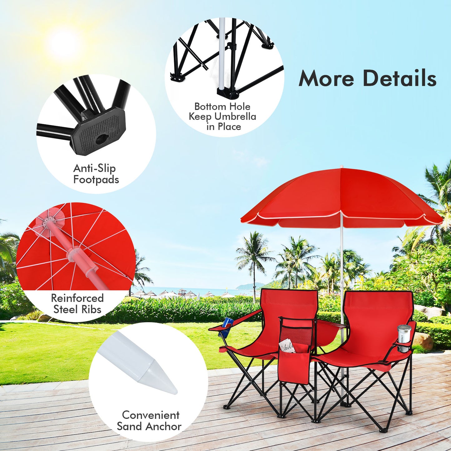 Portable Folding Picnic Double Chair With Umbrella, Red