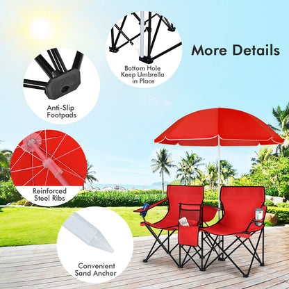Portable Folding Picnic Double Chair With Umbrella, Red