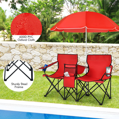 Portable Folding Picnic Double Chair With Umbrella, Red