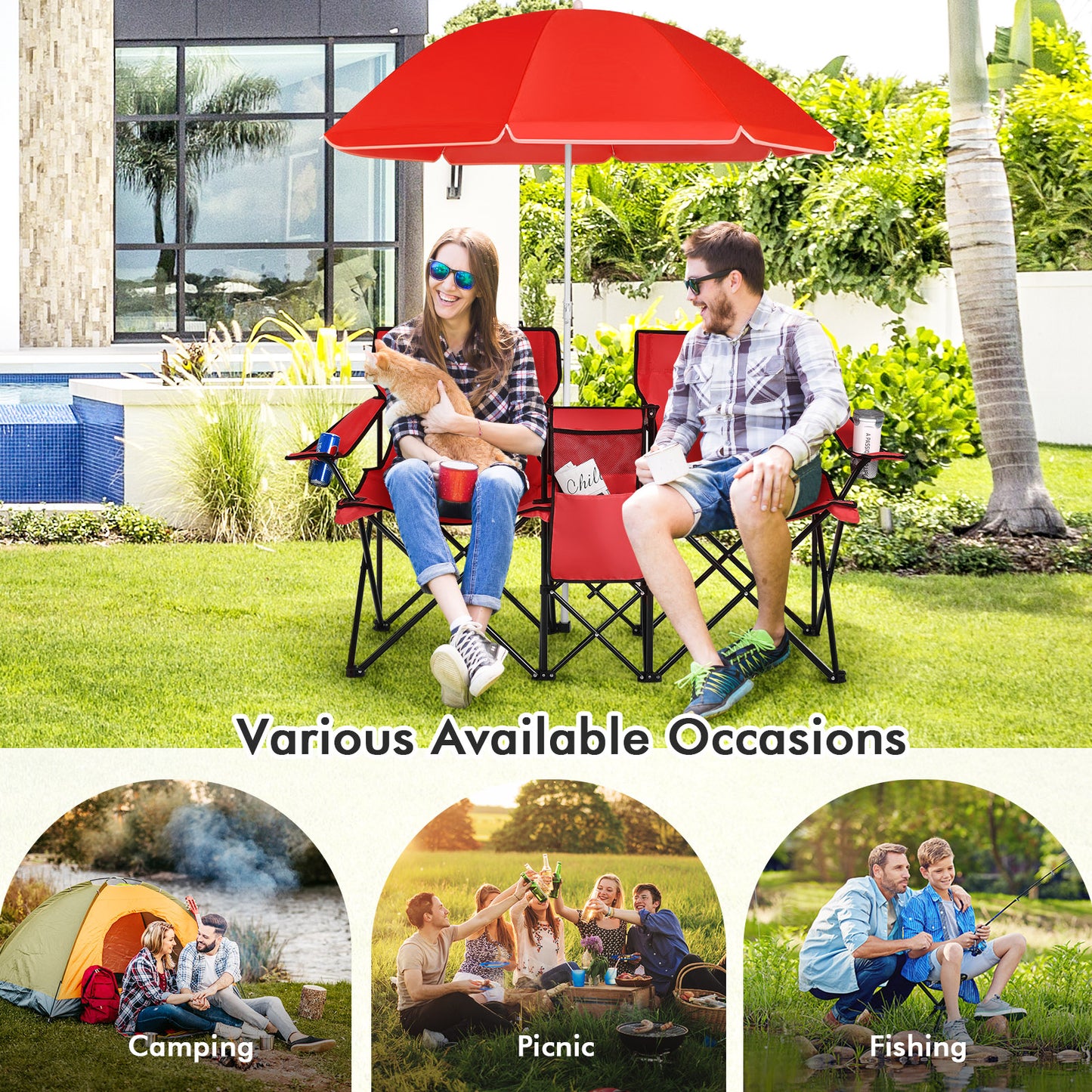 Portable Folding Picnic Double Chair With Umbrella, Red