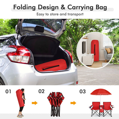 Portable Folding Picnic Double Chair With Umbrella, Red