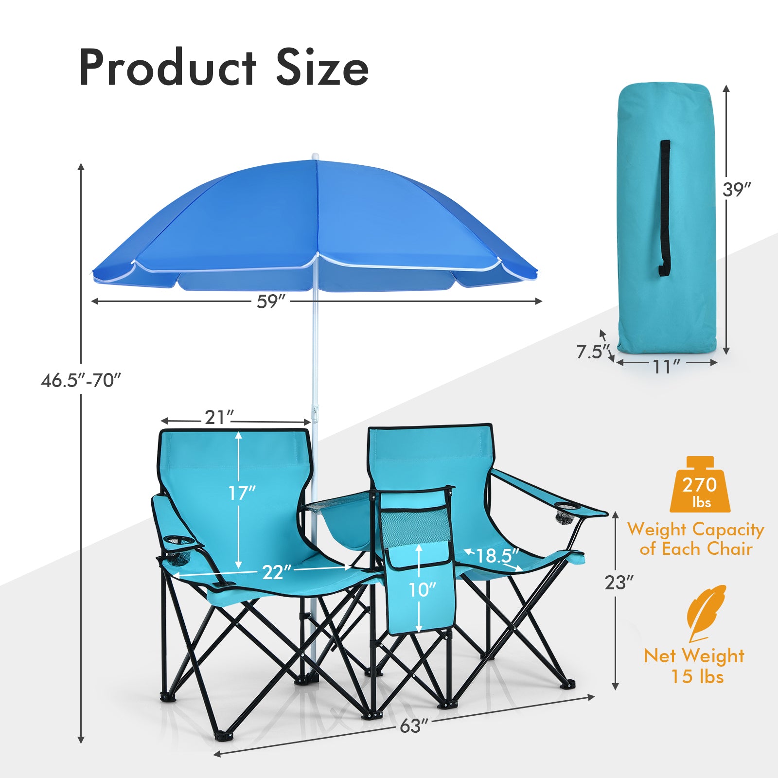 Portable Folding Picnic Double Chair, Turquoise Camping Furniture at Gallery Canada