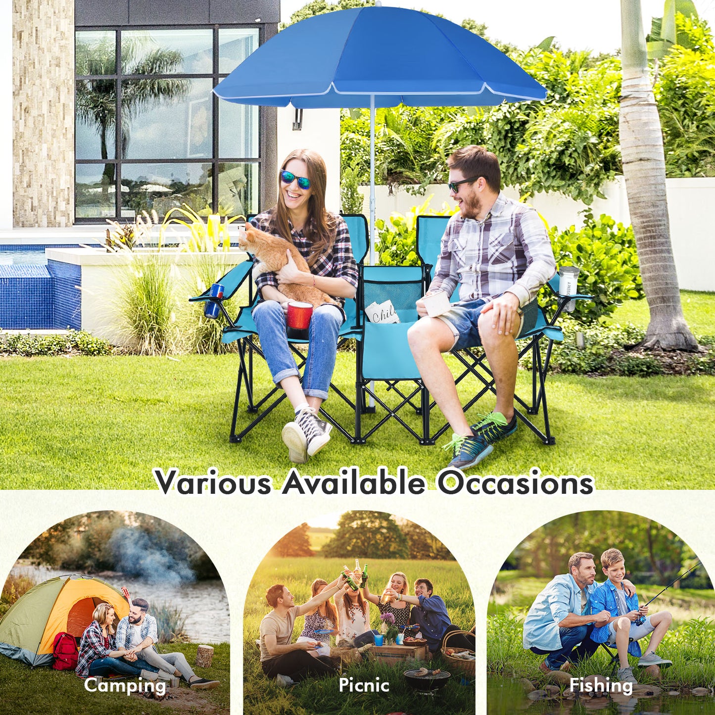 Portable Folding Picnic Double Chair, Turquoise Camping Furniture at Gallery Canada