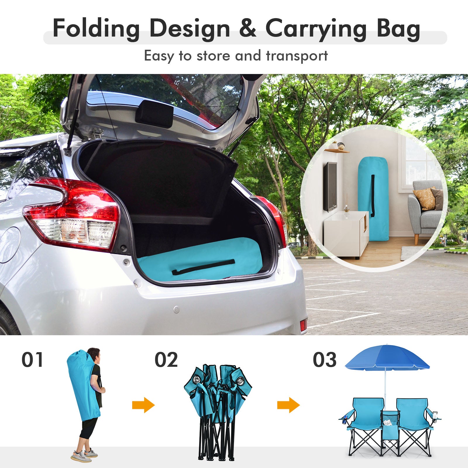 Portable Folding Picnic Double Chair, Turquoise Camping Furniture at Gallery Canada