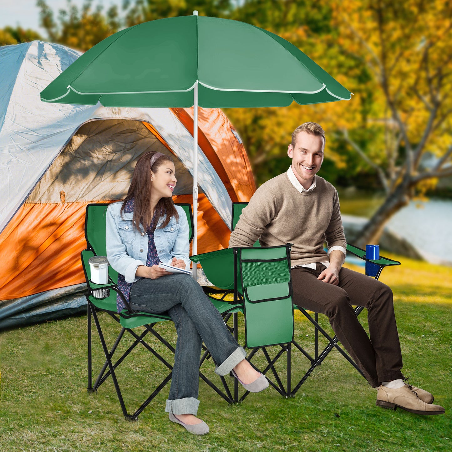 Portable Folding Picnic Double Chair With Removable Umbrella, Green Camping Furniture at Gallery Canada