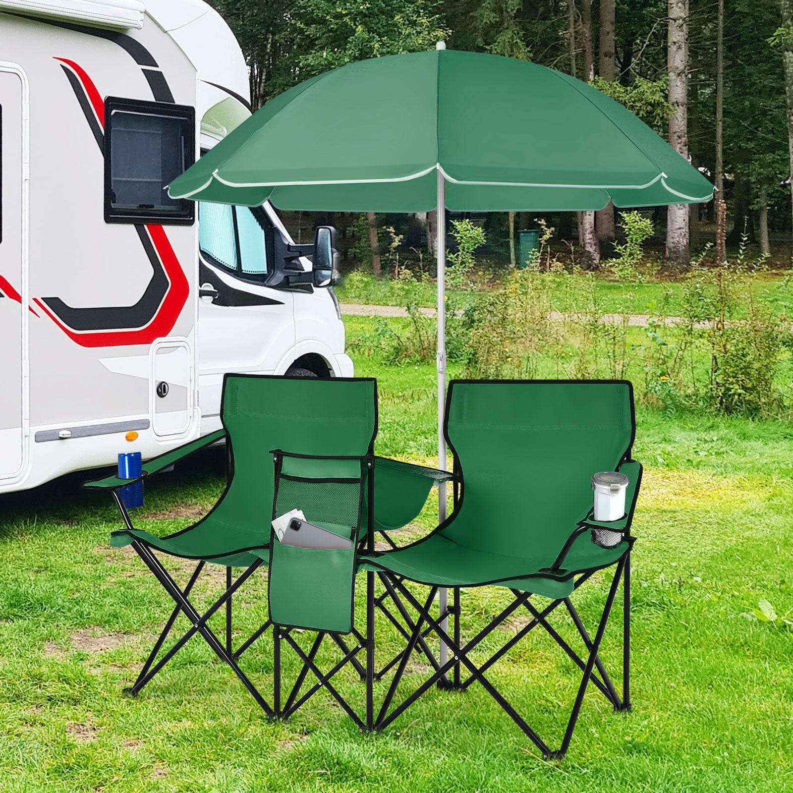 Portable Folding Picnic Double Chair With Removable Umbrella, Green Camping Furniture at Gallery Canada