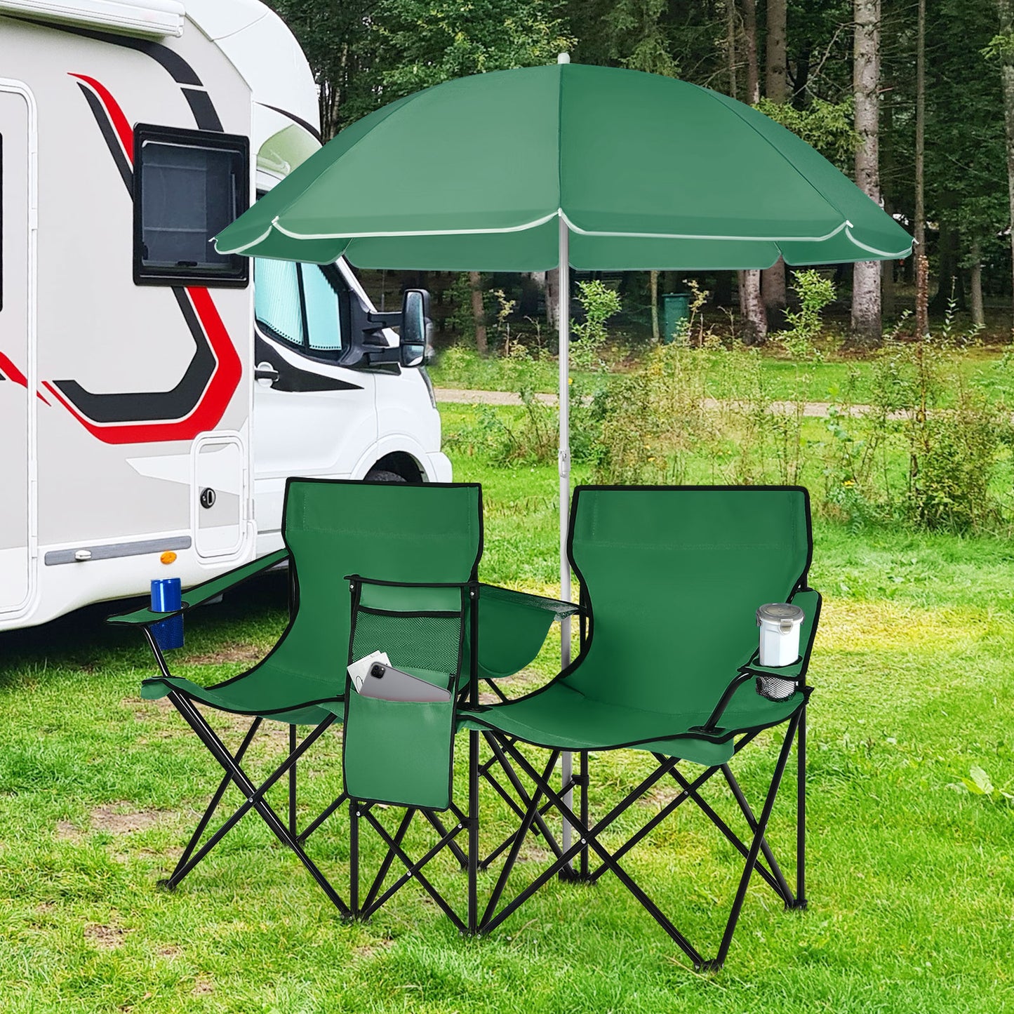Portable Folding Picnic Double Chair With Removable Umbrella, Green Camping Furniture at Gallery Canada