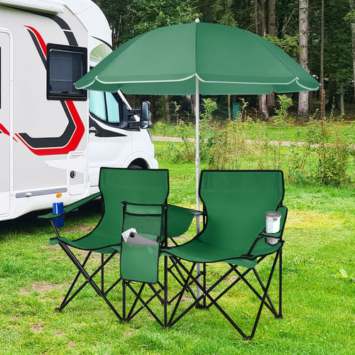 Portable Folding Picnic Double Chair With Removable Umbrella, Green