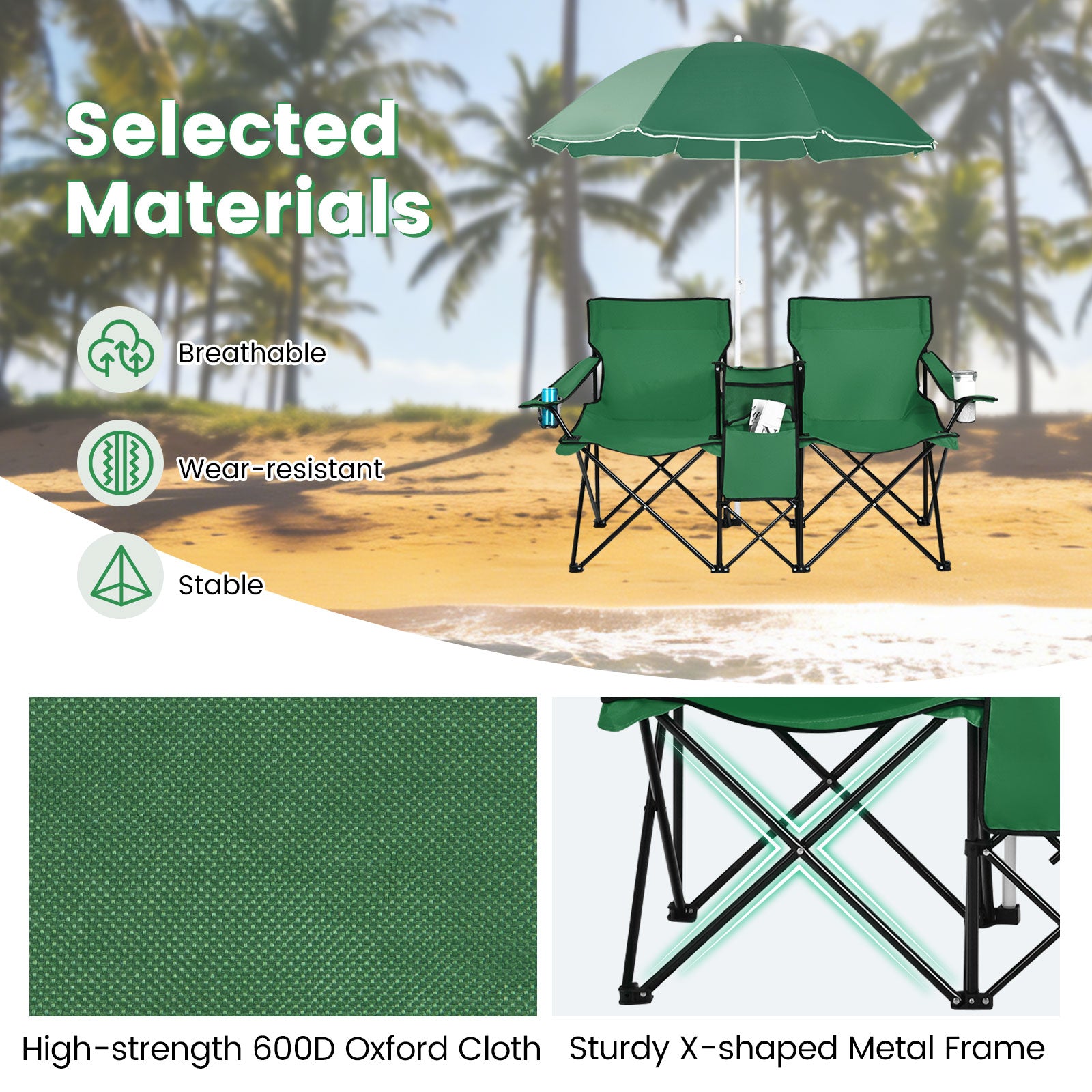 Portable Folding Picnic Double Chair With Removable Umbrella, Green Camping Furniture at Gallery Canada
