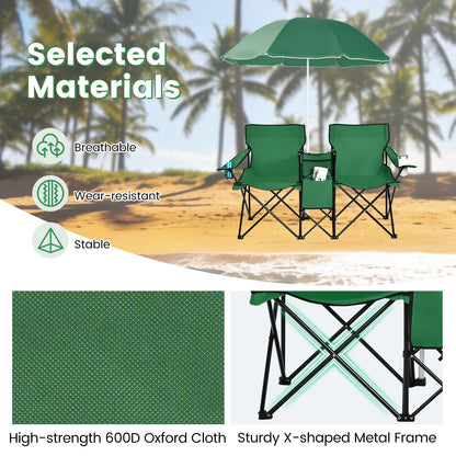 Portable Folding Picnic Double Chair With Removable Umbrella, Green Camping Furniture at Gallery Canada