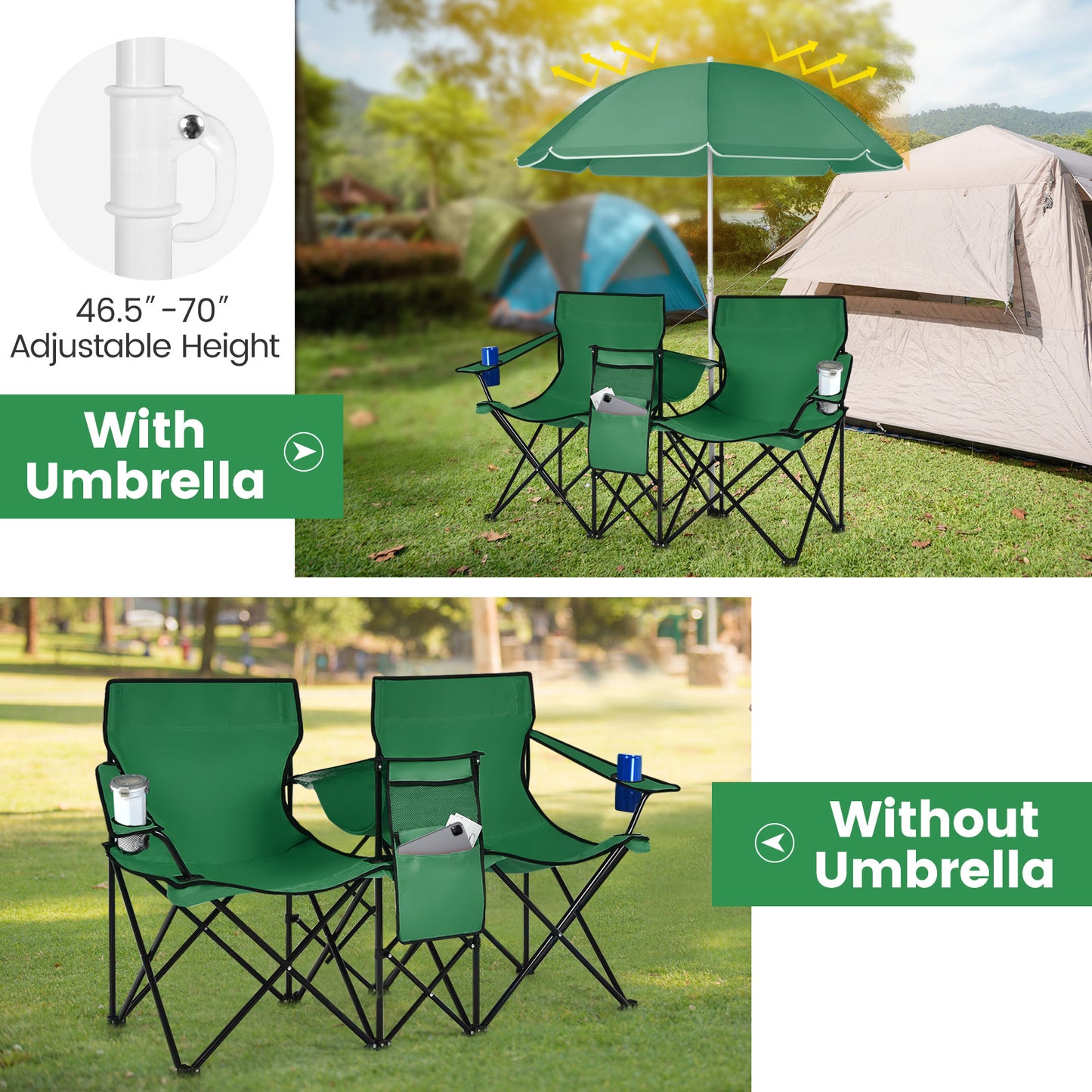 Portable Folding Picnic Double Chair With Removable Umbrella, Green Camping Furniture at Gallery Canada