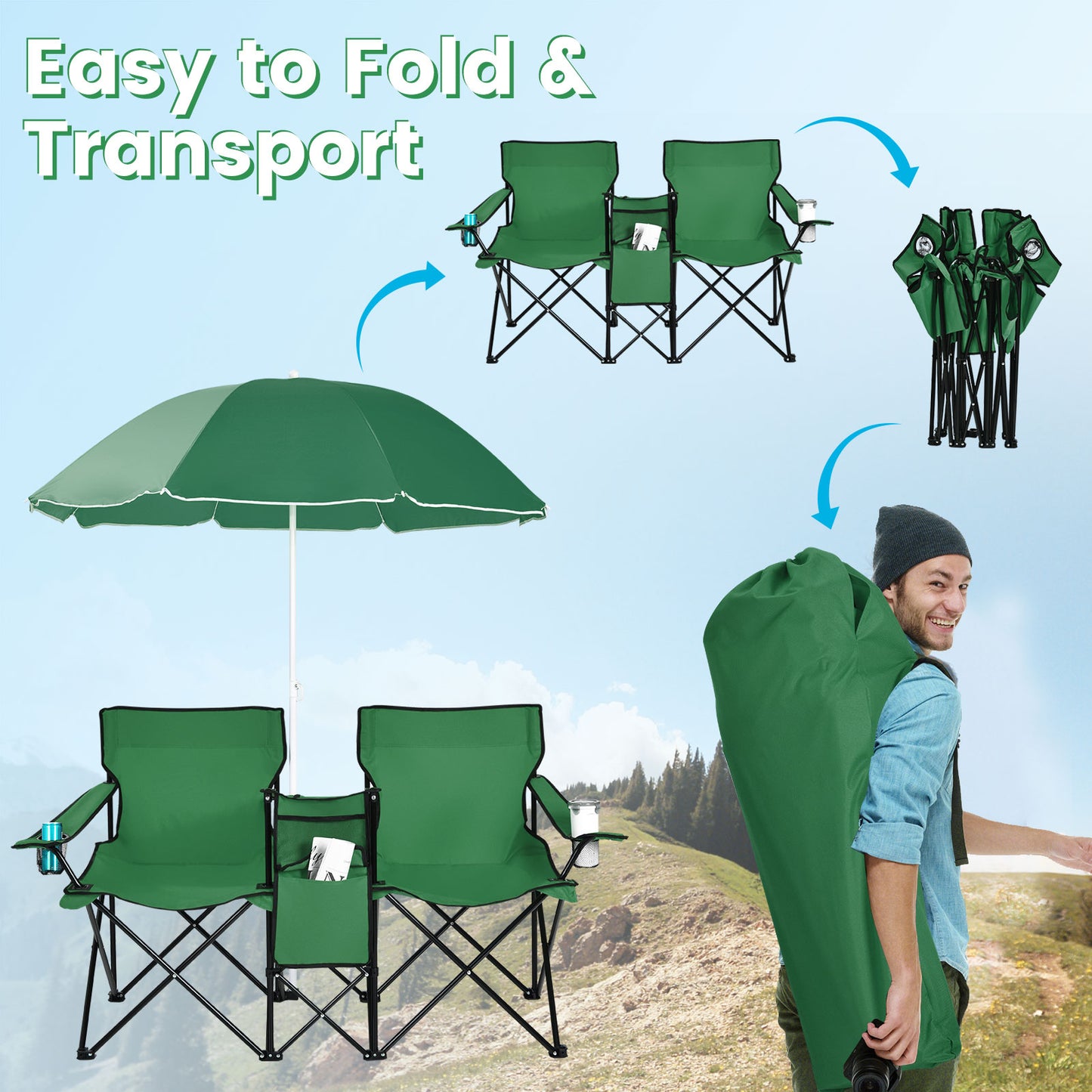 Portable Folding Picnic Double Chair With Removable Umbrella, Green Camping Furniture at Gallery Canada