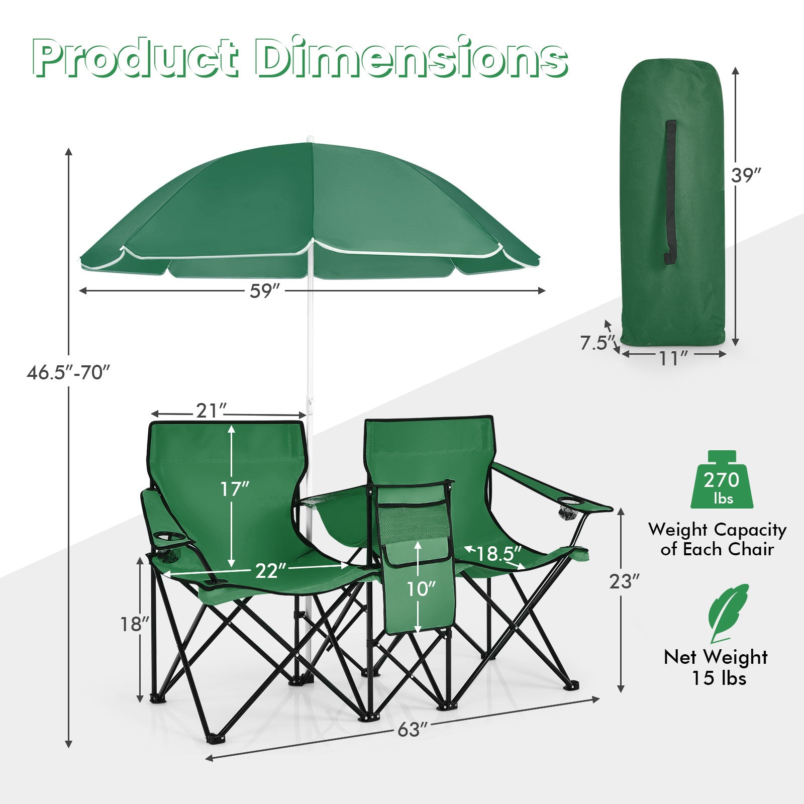 Portable Folding Picnic Double Chair With Removable Umbrella, Green Camping Furniture at Gallery Canada