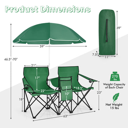 Portable Folding Picnic Double Chair With Removable Umbrella, Green Camping Furniture at Gallery Canada