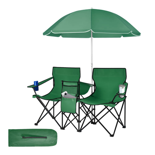 Portable Folding Picnic Double Chair With Removable Umbrella, Green