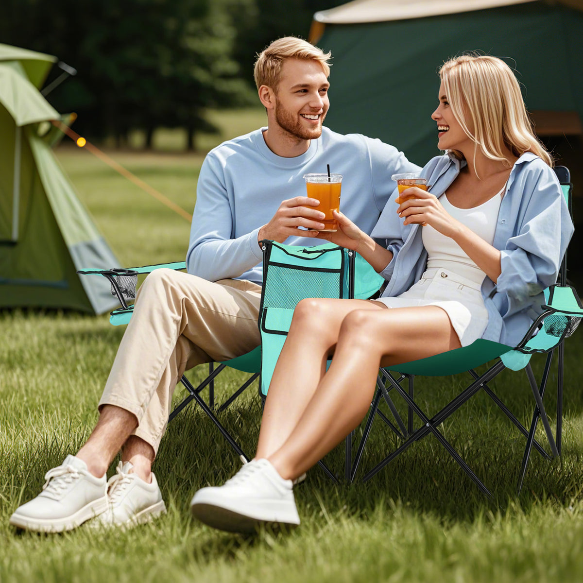Folding Picnic Double Chair With Umbrella, Mint Green
