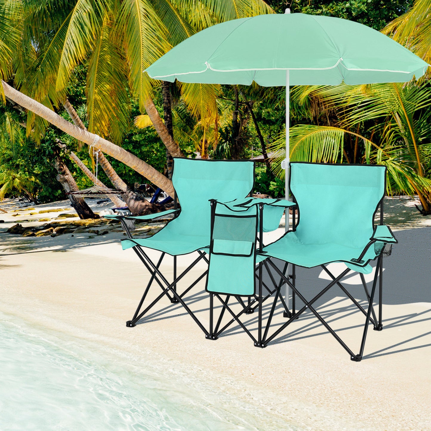 Folding Picnic Double Chair With Umbrella, Mint Green