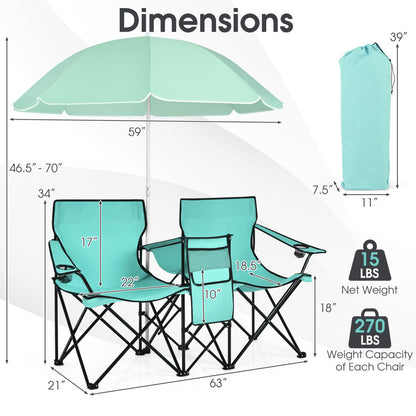 Folding Picnic Double Chair With Umbrella, Mint Green