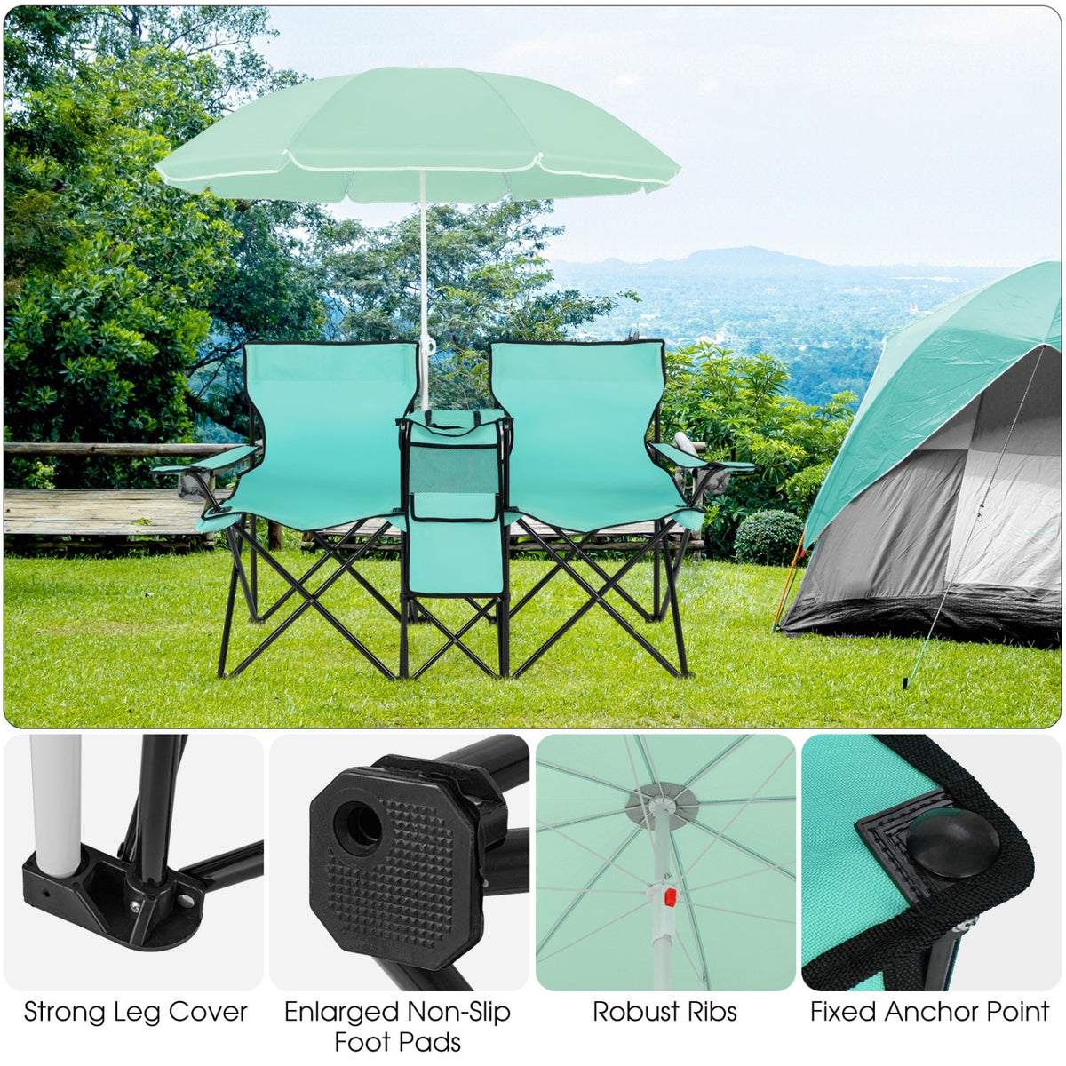 Folding Picnic Double Chair With Umbrella, Mint Green
