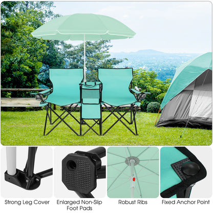 Folding Picnic Double Chair With Umbrella, Mint Green