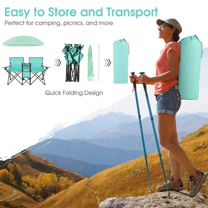 Folding Picnic Double Chair With Umbrella, Mint Green