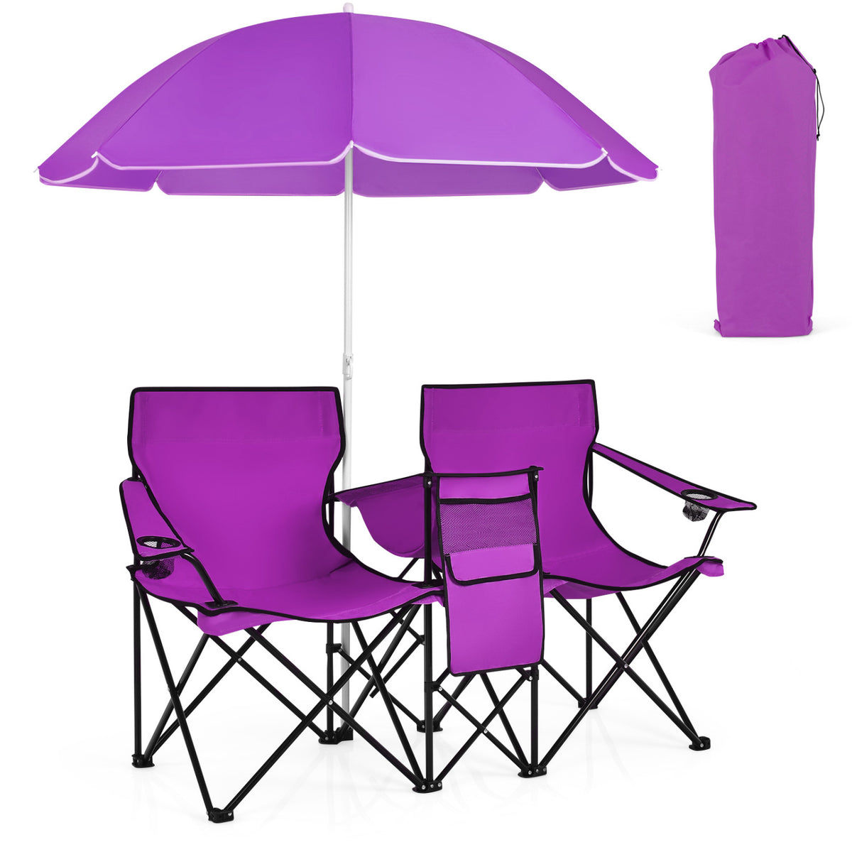 Folding Picnic Double Chair With Umbrella, Purple